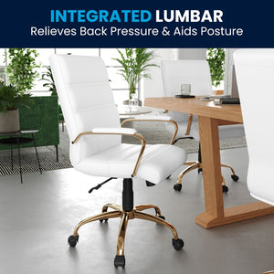 English Elm Whitney Mid-Back Executive Swivel Office Chair - Ergonomic Support, Stylish Design, Adjustable Comfort White LeatherSoft/Gold Frame GO-2286M-WH-GLD-GG