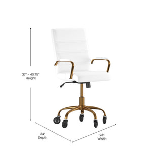 English Elm Camilia Mid-Back Executive Swivel Office Chair - Ergonomic Design for Comfort and Style at Work White LeatherSoft/Gold Frame GO-2286M-WH-GLD-RLB-GG