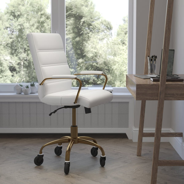 English Elm Camilia Mid-Back Executive Swivel Office Chair - Ergonomic Design for Comfort and Style at Work White LeatherSoft/Gold Frame GO-2286M-WH-GLD-RLB-GG