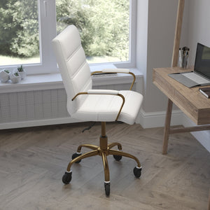 English Elm Camilia Mid-Back Executive Swivel Office Chair - Ergonomic Design for Comfort and Style at Work White LeatherSoft/Gold Frame GO-2286M-WH-GLD-RLB-GG