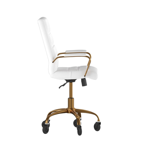 English Elm Camilia Mid-Back Executive Swivel Office Chair - Ergonomic Design for Comfort and Style at Work White LeatherSoft/Gold Frame GO-2286M-WH-GLD-RLB-GG