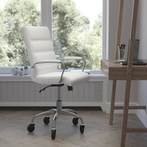 English Elm Camilia Mid-Back Executive Swivel Office Chair - Ergonomic Design for Comfort and Style at Work White LeatherSoft/Chrome Frame GO-2286M-WH-RLB-GG