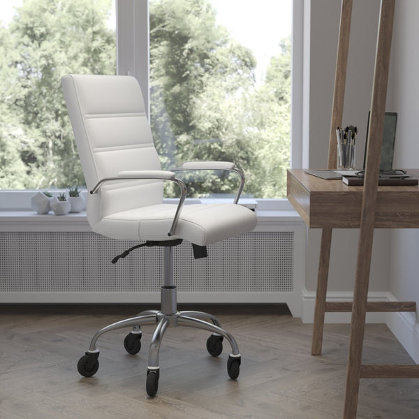 English Elm Camilia Mid-Back Executive Swivel Office Chair - Ergonomic Design for Comfort and Style at Work White LeatherSoft/Chrome Frame GO-2286M-WH-RLB-GG