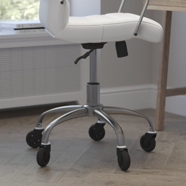 English Elm Camilia Mid-Back Executive Swivel Office Chair - Ergonomic Design for Comfort and Style at Work White LeatherSoft/Chrome Frame GO-2286M-WH-RLB-GG