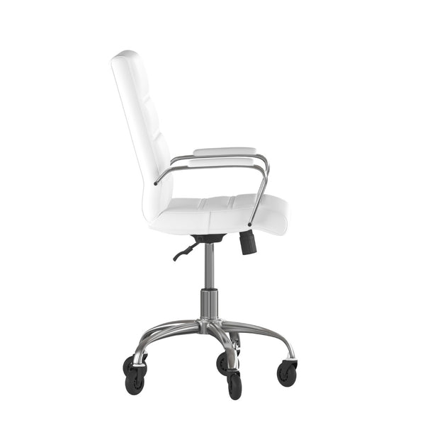 English Elm Camilia Mid-Back Executive Swivel Office Chair - Ergonomic Design for Comfort and Style at Work White LeatherSoft/Chrome Frame GO-2286M-WH-RLB-GG