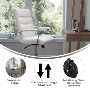English Elm Camilia Mid-Back Executive Swivel Office Chair - Ergonomic Design for Comfort and Style at Work White LeatherSoft/Chrome Frame GO-2286M-WH-RLB-GG