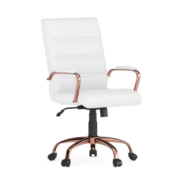 English Elm Whitney Mid-Back Executive Swivel Office Chair - Ergonomic Support, Stylish Design, Adjustable Comfort White LeatherSoft/Rose Gold Frame GO-2286M-WH-RSGLD-GG