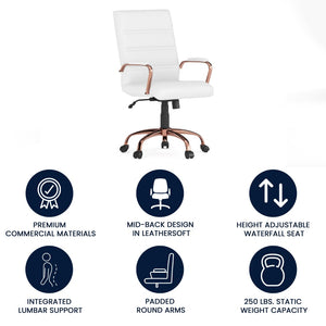 English Elm Whitney Mid-Back Executive Swivel Office Chair - Ergonomic Support, Stylish Design, Adjustable Comfort White LeatherSoft/Rose Gold Frame GO-2286M-WH-RSGLD-GG