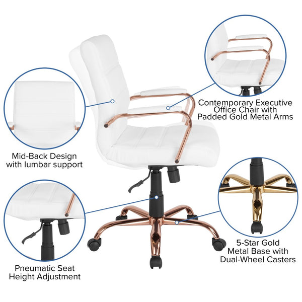 English Elm Whitney Mid-Back Executive Swivel Office Chair - Ergonomic Support, Stylish Design, Adjustable Comfort White LeatherSoft/Rose Gold Frame GO-2286M-WH-RSGLD-GG