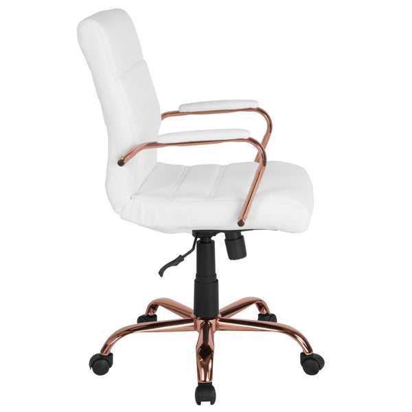 English Elm Whitney Mid-Back Executive Swivel Office Chair - Ergonomic Support, Stylish Design, Adjustable Comfort White LeatherSoft/Rose Gold Frame GO-2286M-WH-RSGLD-GG