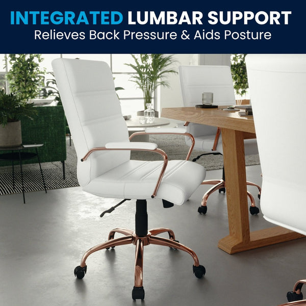 English Elm Whitney Mid-Back Executive Swivel Office Chair - Ergonomic Support, Stylish Design, Adjustable Comfort White LeatherSoft/Rose Gold Frame GO-2286M-WH-RSGLD-GG