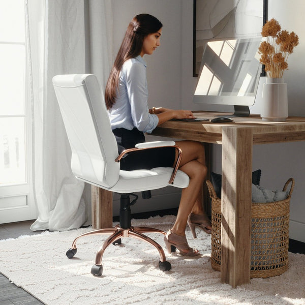 English Elm Whitney Mid-Back Executive Swivel Office Chair - Ergonomic Support, Stylish Design, Adjustable Comfort White LeatherSoft/Rose Gold Frame GO-2286M-WH-RSGLD-GG