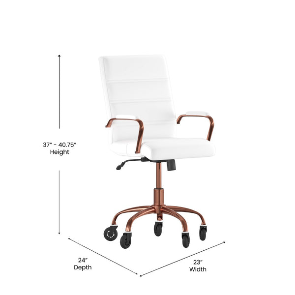 English Elm Camilia Mid-Back Executive Swivel Office Chair - Ergonomic Design for Comfort and Style at Work White LeatherSoft/Rose Gold Frame GO-2286M-WH-RSGLD-RLB-GG