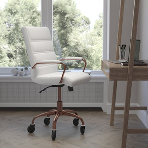English Elm Camilia Mid-Back Executive Swivel Office Chair - Ergonomic Design for Comfort and Style at Work White LeatherSoft/Rose Gold Frame GO-2286M-WH-RSGLD-RLB-GG
