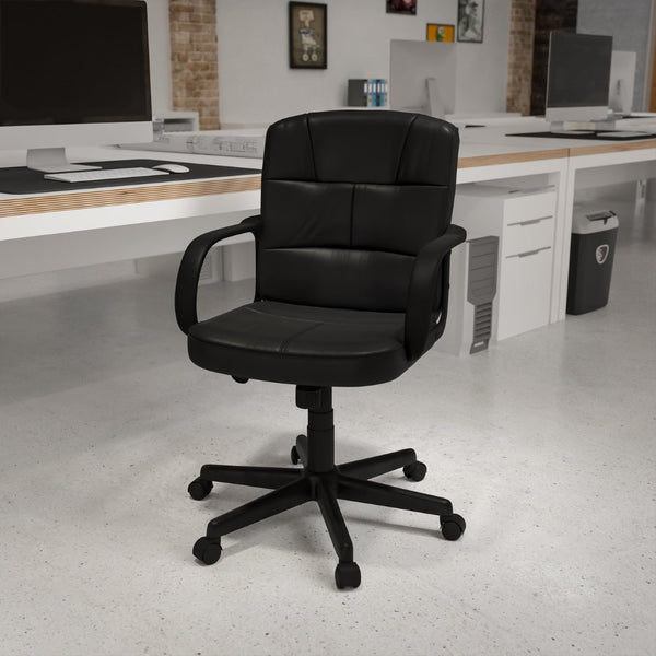 English Elm Rider Mid-Back Black LeatherSoft Swivel Task Chair with Padded Arms for Ergonomic Comfort & Style GO-228S-BK-LEA-GG