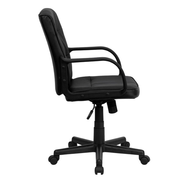 English Elm Rider Mid-Back Black LeatherSoft Swivel Task Chair with Padded Arms for Ergonomic Comfort & Style GO-228S-BK-LEA-GG