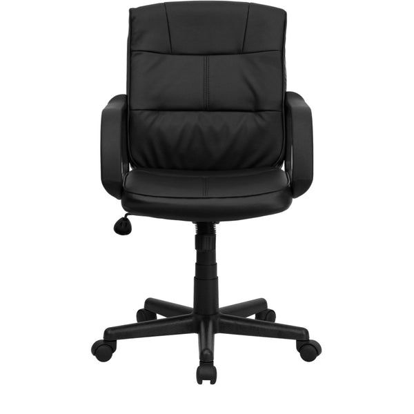 English Elm Rider Mid-Back Black LeatherSoft Swivel Task Chair with Padded Arms for Ergonomic Comfort & Style GO-228S-BK-LEA-GG