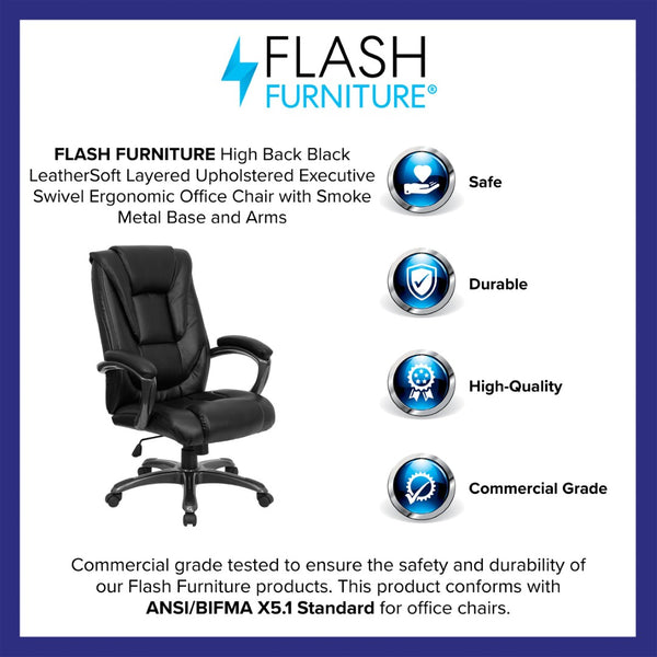 English Elm Oma High Back Black LeatherSoft Executive Chair - Ergonomic Design with Adjustable Features & Comfort GO-7194B-BK-GG