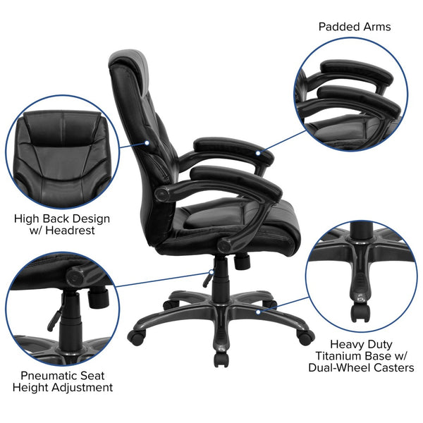 English Elm Greer High Back Ergonomic Leather Executive Swivel Chair with Lumbar Support & Adjustable Height GO-724H-BK-LEA-GG