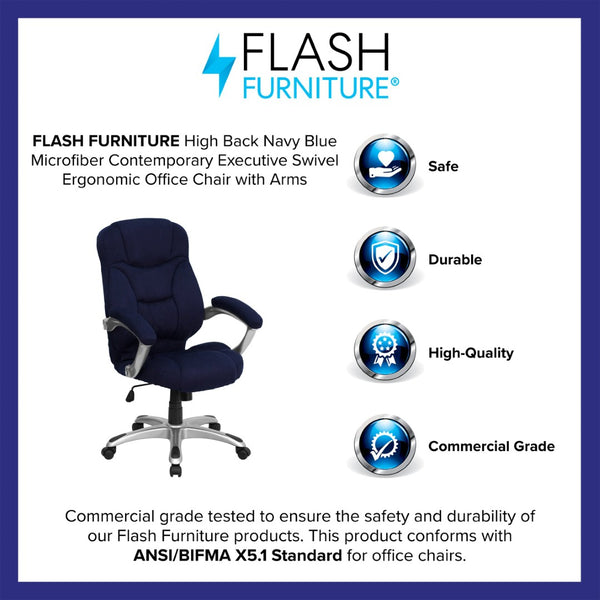 English Elm Jessie High Back Ergonomic Executive Office Chair - Stylish, Comfortable, and Adjustable Seating Solution Navy Blue Microfiber GO-725-NVY-GG