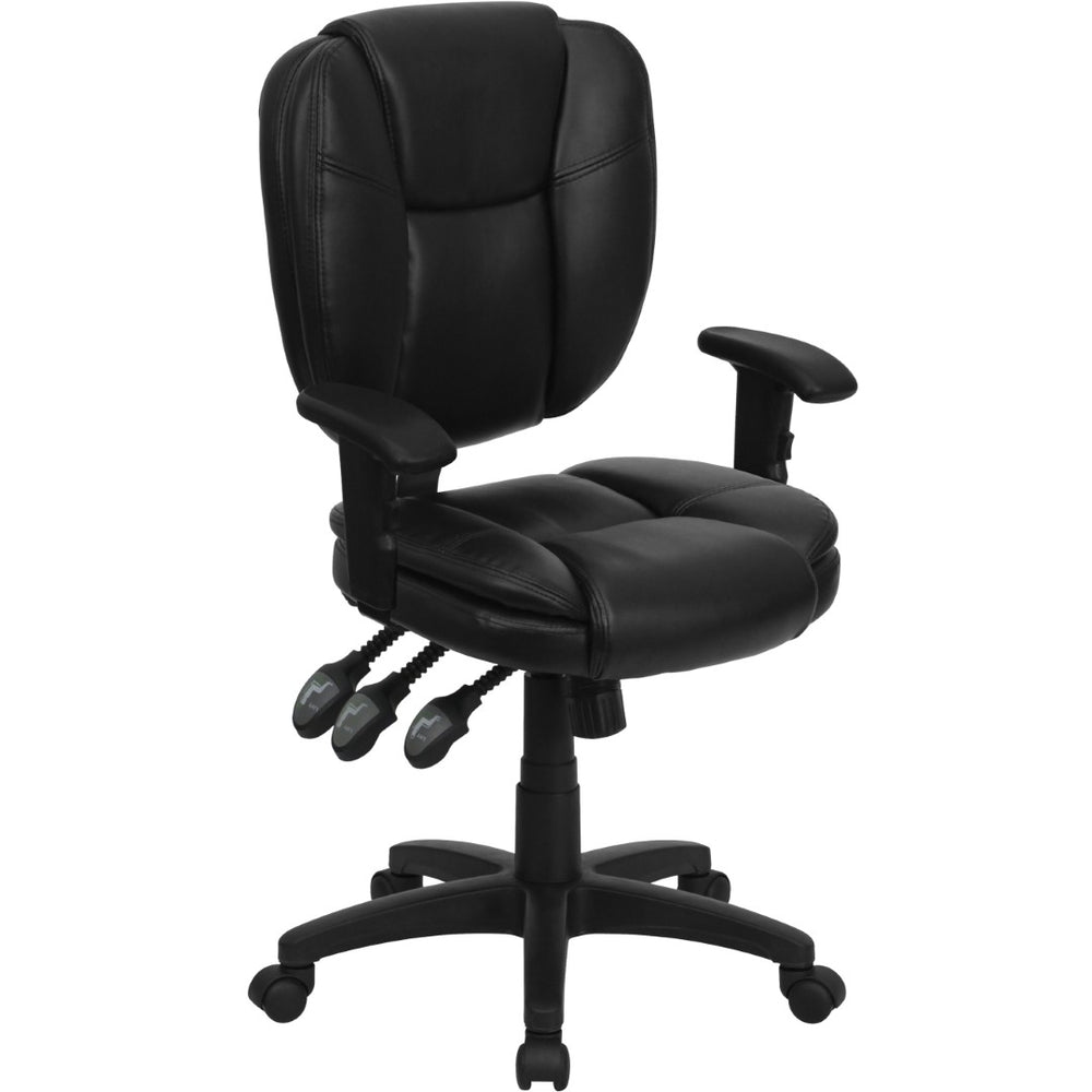English Elm Caroline Mid-Back Black LeatherSoft Ergonomic Task Chair with Pillow Top & Adjustable Armrests GO-930F-BK-LEA-ARMS-GG