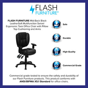 English Elm Caroline Mid-Back Black LeatherSoft Ergonomic Task Chair with Pillow Top & Adjustable Armrests GO-930F-BK-LEA-ARMS-GG