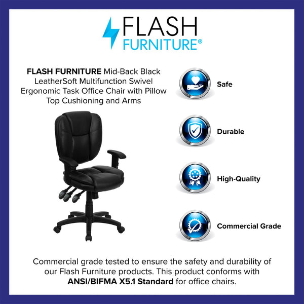 English Elm Caroline Mid-Back Black LeatherSoft Ergonomic Task Chair with Pillow Top & Adjustable Armrests GO-930F-BK-LEA-ARMS-GG