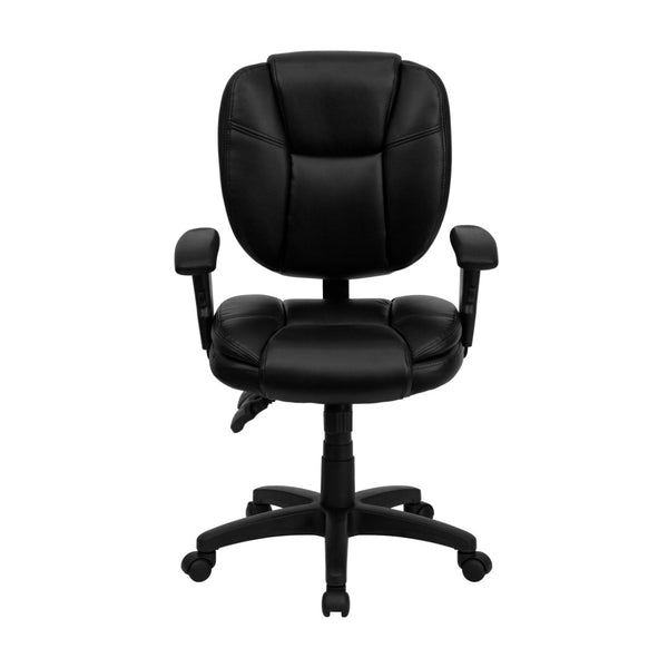 English Elm Caroline Mid-Back Black LeatherSoft Ergonomic Task Chair with Pillow Top & Adjustable Armrests GO-930F-BK-LEA-ARMS-GG