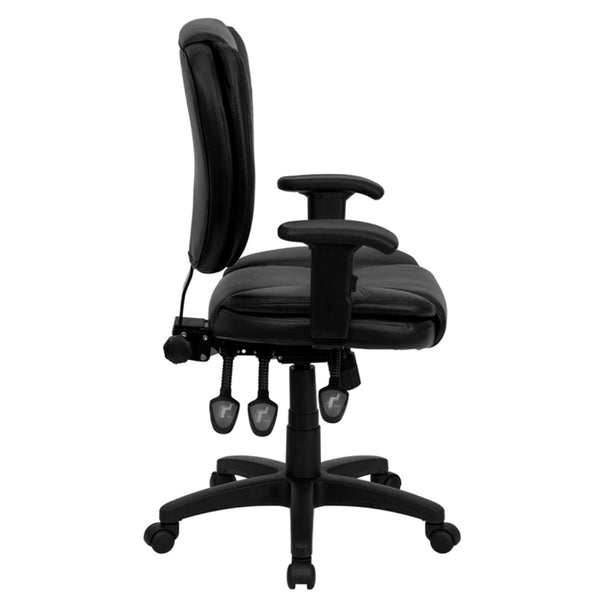 English Elm Caroline Mid-Back Black LeatherSoft Ergonomic Task Chair with Pillow Top & Adjustable Armrests GO-930F-BK-LEA-ARMS-GG