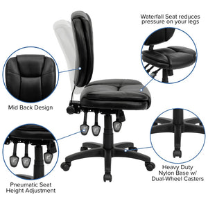 English Elm Caroline Ergonomic Mid-Back Black LeatherSoft Task Chair with Pillow-Top Cushion for Comfort & Style GO-930F-BK-LEA-GG