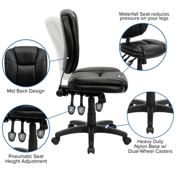 English Elm Caroline Ergonomic Mid-Back Black LeatherSoft Task Chair with Pillow-Top Cushion for Comfort & Style GO-930F-BK-LEA-GG