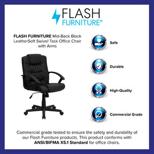 English Elm Lindon Mid-Back Swivel Task Office Chair in Black LeatherSoft - Ergonomic Comfort & Adjustability GO-937M-BK-LEA-GG