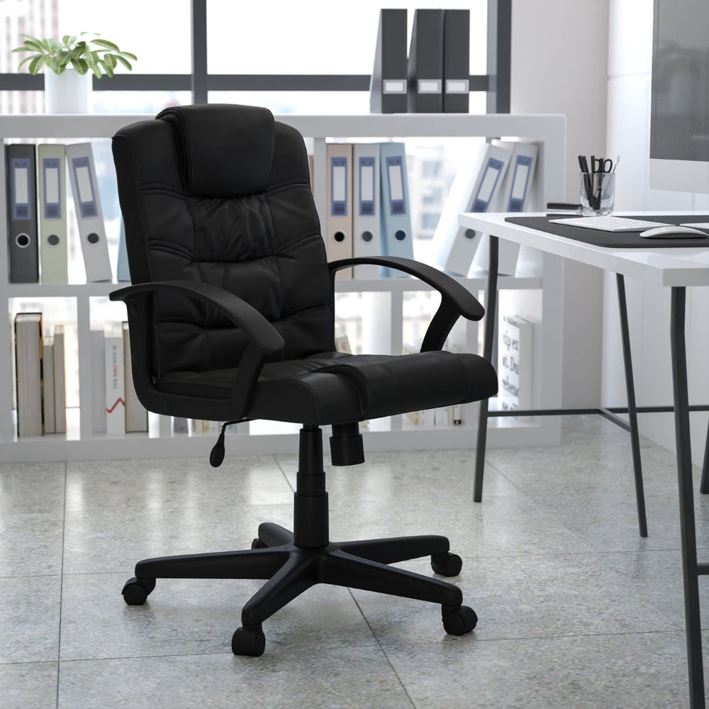 English Elm Lindon Mid-Back Swivel Task Office Chair in Black LeatherSoft - Ergonomic Comfort & Adjustability GO-937M-BK-LEA-GG