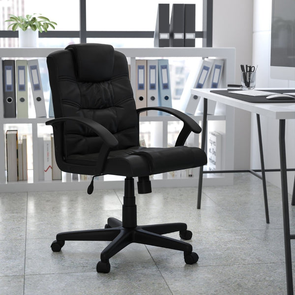 English Elm Lindon Mid-Back Swivel Task Office Chair in Black LeatherSoft - Ergonomic Comfort & Adjustability GO-937M-BK-LEA-GG