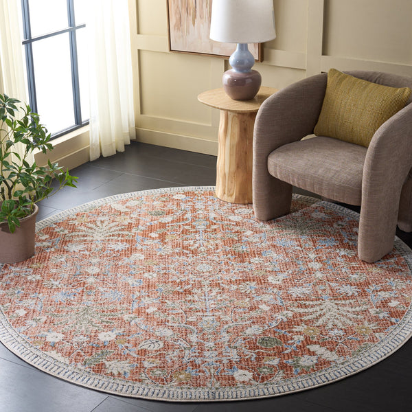 Safavieh Grove Round Floral Area Rug In Rust And Blue — Power-Loomed Turkish Craft, Low-Profile Soft Pile Durable 6'-7" x 6'-7" GOV636P-7R