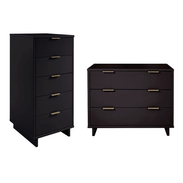 Manhattan Comfort Granville Modern 2 Piece - Tall Narrow and Standard Dresser Black GRAN012