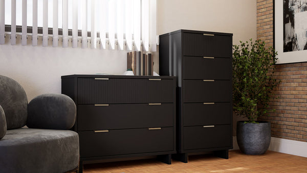 Manhattan Comfort Granville Modern 2 Piece - Tall Narrow and Standard Dresser Black GRAN012