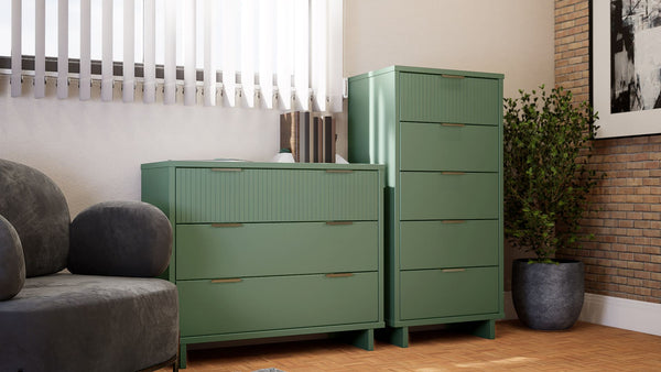 Manhattan Comfort Granville Modern 2 Piece - Tall Narrow and Standard Dresser Sage Green GRAN013