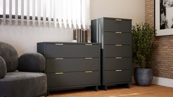 Manhattan Comfort Granville Modern 2 Piece - Tall Narrow and Standard Dresser Dark Grey GRAN015