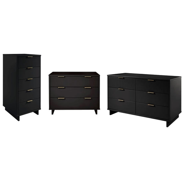 Manhattan Comfort Granville Modern 3 Piece Dresser Set - Tall Narrow, Standard, Double Dresser Black GRAN032