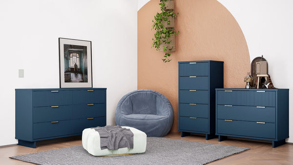 Manhattan Comfort Granville Modern 3 Piece Dresser Set - Tall Narrow, Standard, Double Dresser Midnight Blue GRAN034
