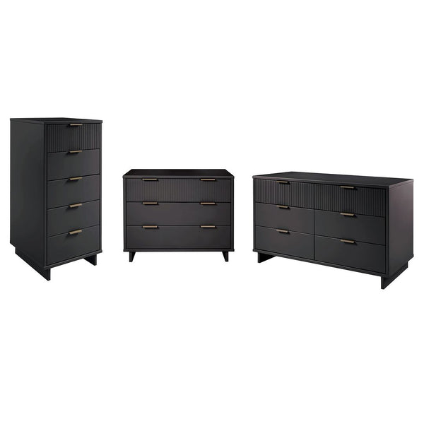 Manhattan Comfort Granville Modern 3 Piece Dresser Set - Tall Narrow, Standard, Double Dresser Dark Grey GRAN035