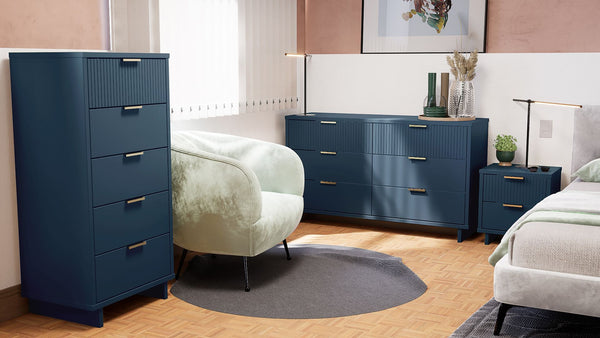 Manhattan Comfort Granville Modern 3 Piece Dresser Set - Tall Narrow, Double Dresser, and Nightstand Midnight Blue GRAN074