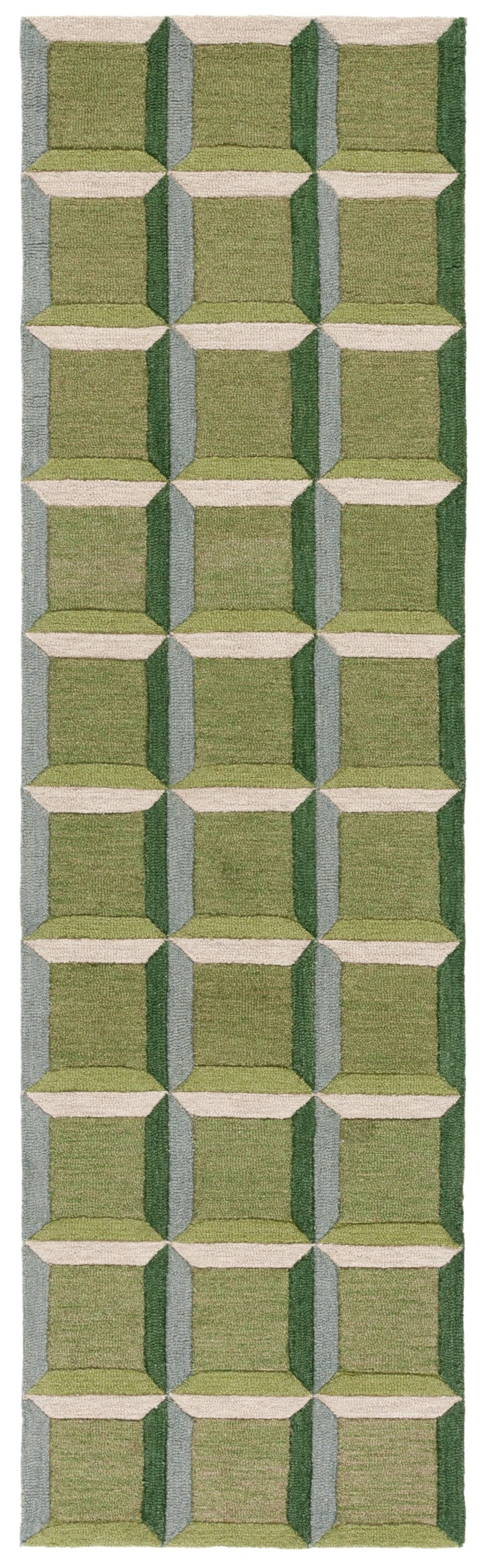 Safavieh Genre Oversized Hand‑Tufted Checkered Rug In Green & Beige — 11'X15' Wool/Cotton Mid‑Century Anchor 2'-3" x 15'-0" GRE101Y-215