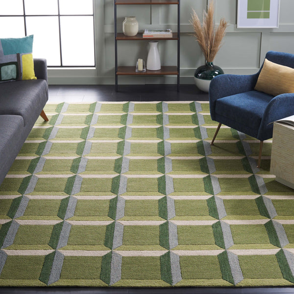 Safavieh Genre Oversized Hand‑Tufted Checkered Rug In Green & Beige — 11'X15' Wool/Cotton Mid‑Century Anchor 2'-3" x 15'-0" GRE101Y-215