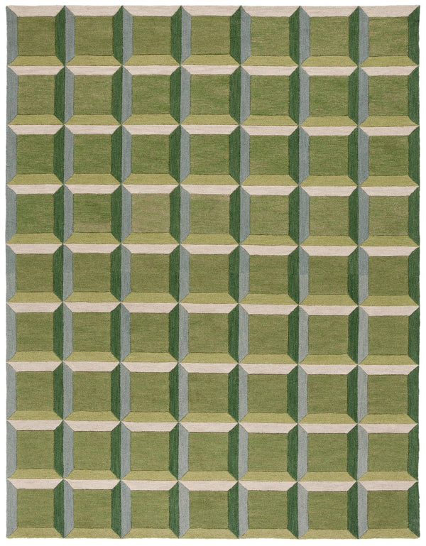 Safavieh Genre Oversized Hand‑Tufted Checkered Rug In Green & Beige — 11'X15' Wool/Cotton Mid‑Century Anchor 2'-3" x 15'-0" GRE101Y-215