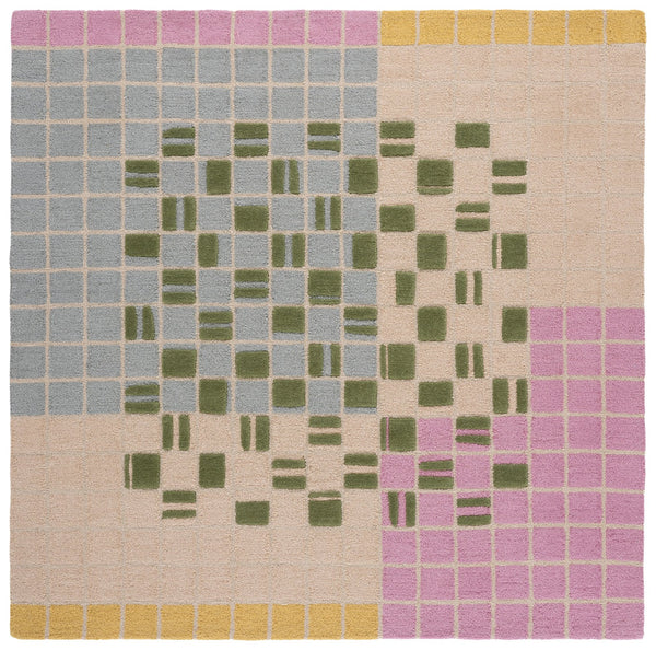 Safavieh Genre Hand‑Tufted Wool-Cotton Rug In Light Pink And Green — Scandinavian Mid-Century Geometric Elegance 6'-0" x 6'-0" GRE206U-6SQ