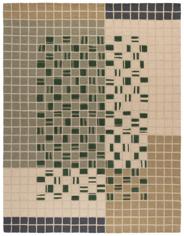 Safavieh Genre Hand-Tufted Wool-Cotton Rug In Green Beige — Scandinavian Geometric Mid-Century Modern Chic, Durable Low-Profile 9'-0" x 12'-0" GRE206Y-9