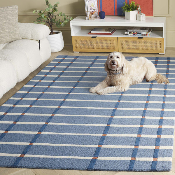 Safavieh Genre Handtufted Blue Ivory Plaid Area Rug — 80% Wool 20% Cotton Low-Profile Square Accent Rug 8'-0" x 8'-0" GRE602M-8SQ