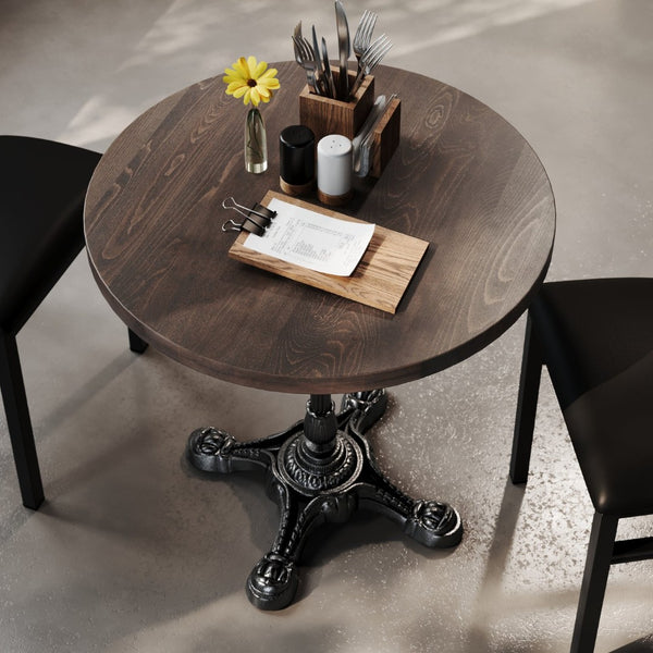 English Elm Bennett Solid Wood Bistro Tabletop with Cast Iron Base - Stylish Dining for Restaurants and Cafés Dark Brown Top/Black Base 30" Round GSF-RD30-DKBRN-SDAT2222-GG